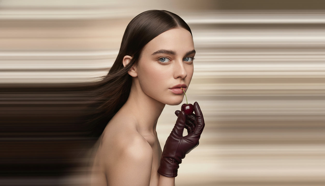Wide horizontal image of the same woman turned in three‑quarter profile, hair flowing and cherry held delicately in a burgundy glove, set on a motion‑blurred neutral backdrop for a luxurious Allnord skincare and makeup campaign banner.