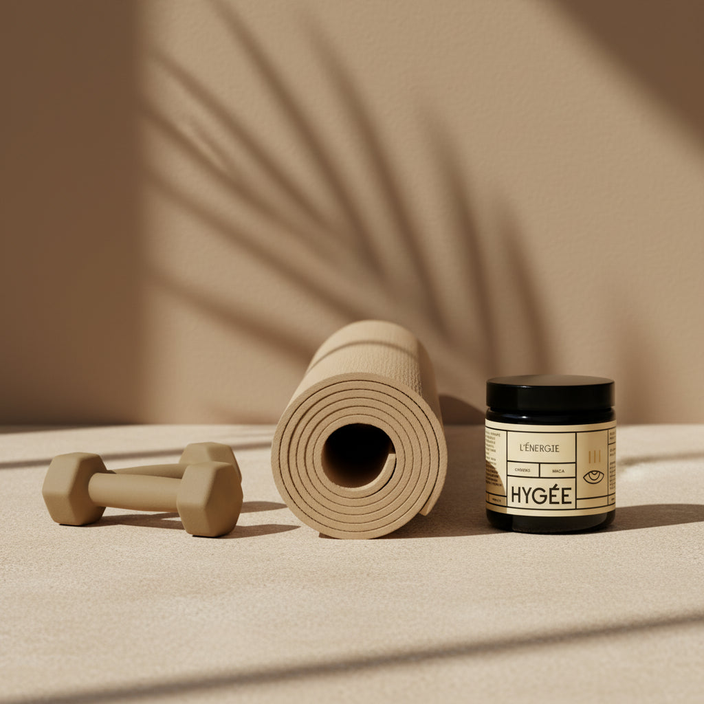 A cream‑label HYGÉE L’Énergie jar sits beside a rolled beige yoga mat and matte hex dumbbells on a sunlit surface with palm‑leaf shadows.