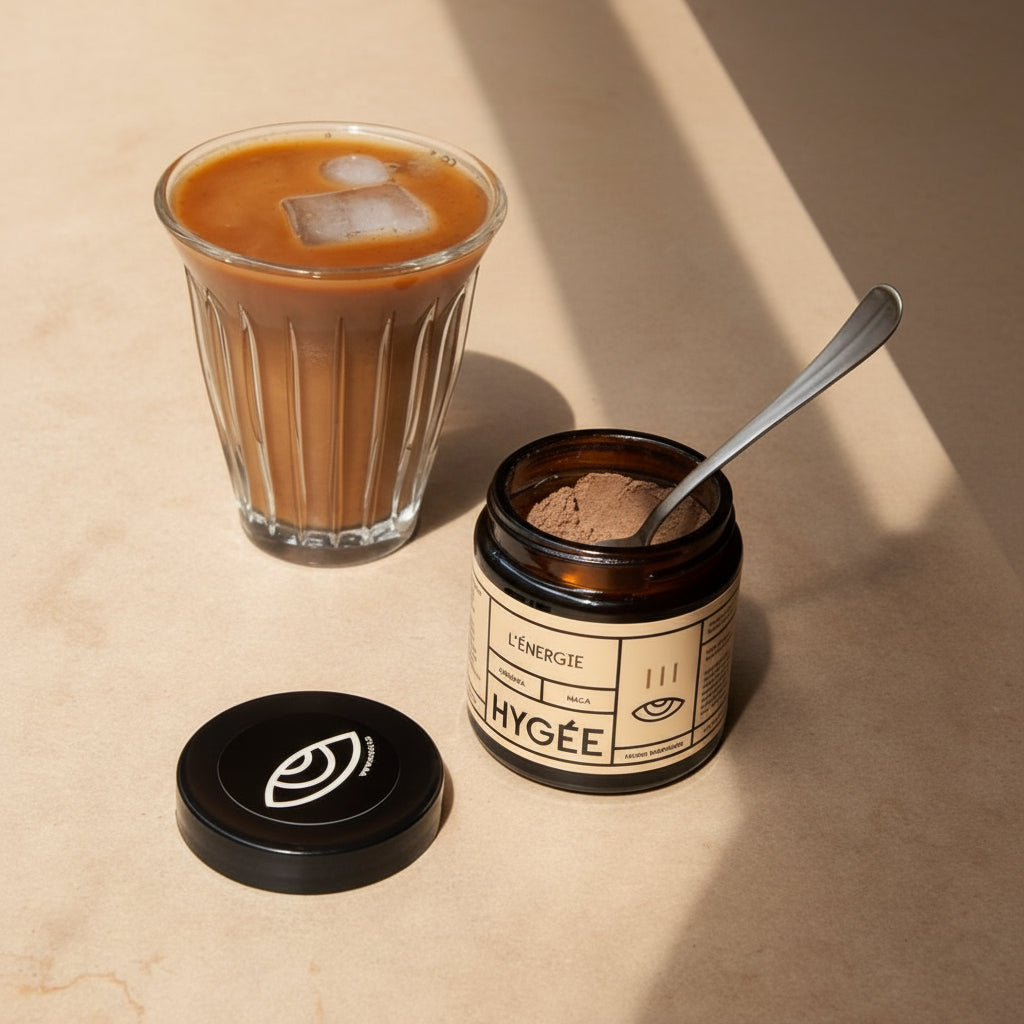 An open amber jar of HYGÉE L’Énergie with a teaspoon rests beside a glass of iced coffee on a warm beige surface in directional sunlight.