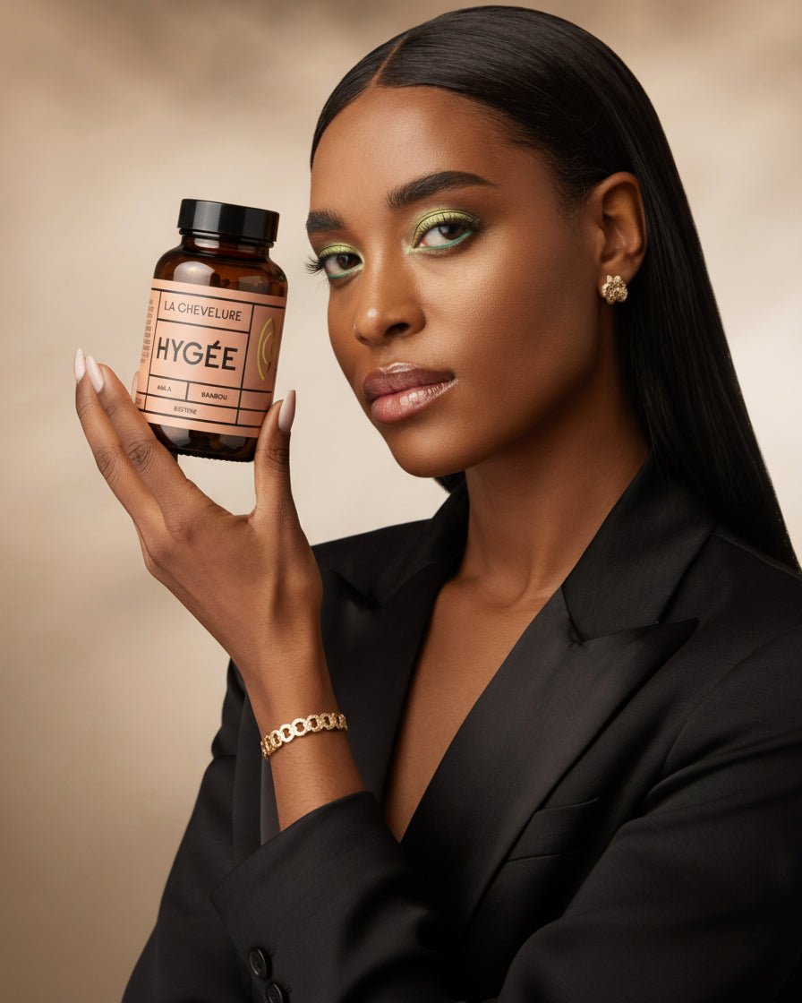 A poised woman in a black blazer holds Allnord’s HYGÉE La Chevelure bottle beside her face against a soft beige backdrop. A polished studio portrait with luminous skin, sleek hair, and subtle gold jewelry in a refined, luxury mood.
