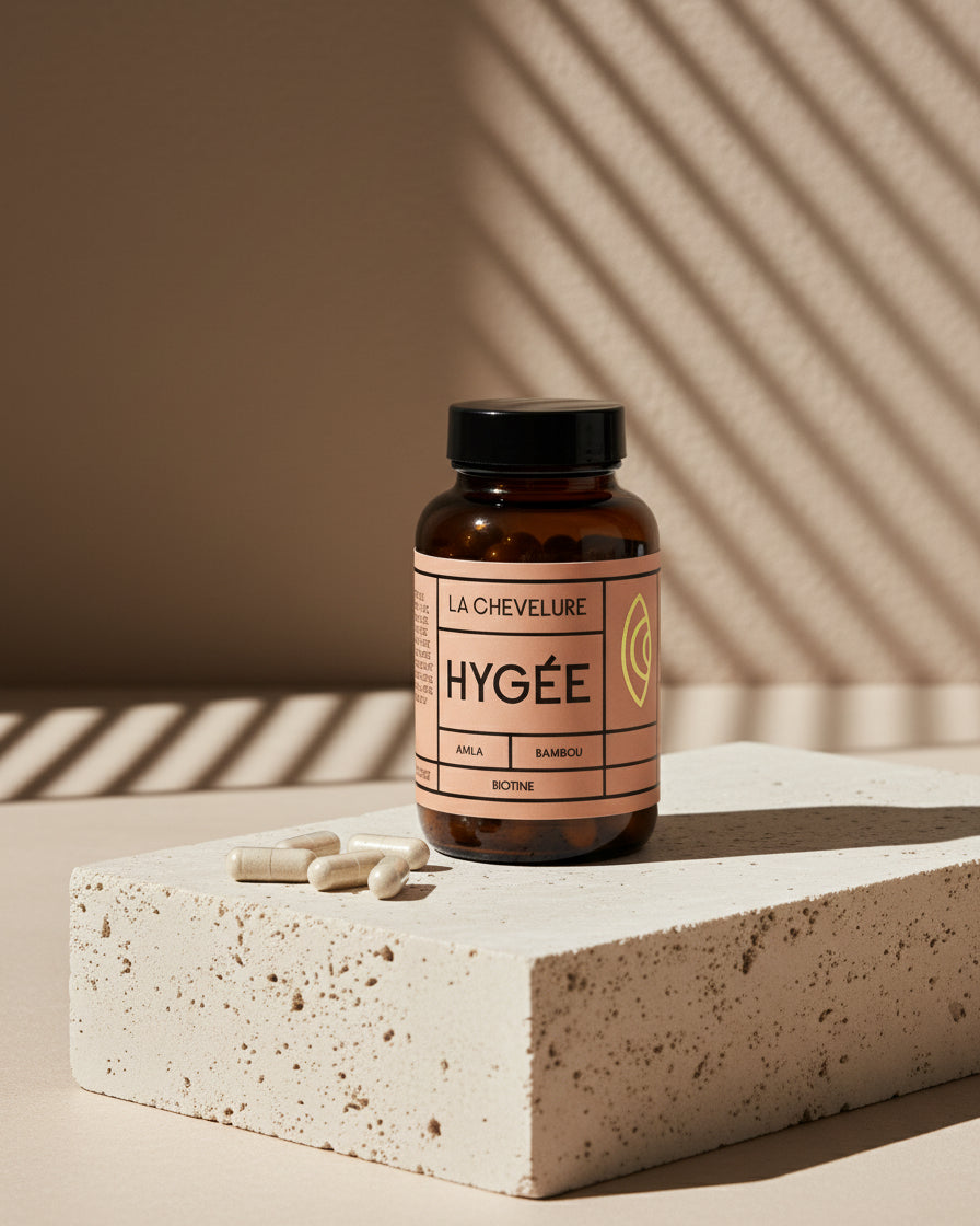 An amber glass HYGÉE La Chevelure bottle sits on a textured travertine block beside four scattered ivory capsules under diagonal striped shadows. A sculptural product shot with warm beige tones and architectural composition.