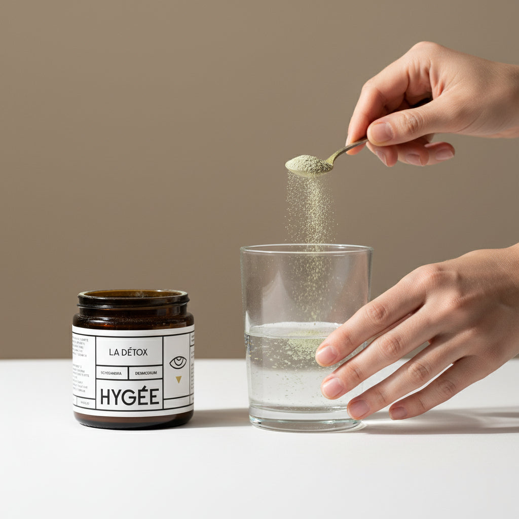 Hands sprinkle pale green detox powder from a gold spoon into a clear glass of water beside a dark glass HYGÉE La Détox jar on a white countertop. A tactile preparation scene with soft natural light and gentle motion.