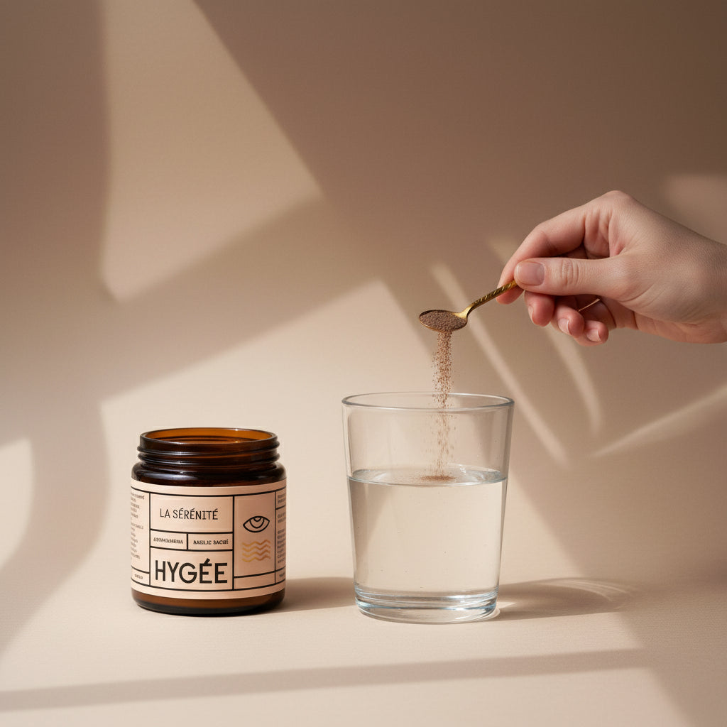 A hand sprinkles fine tan powder from a gold spoon into a clear glass of water beside an open dark HYGÉE La Sérénité jar on a pale beige ledge under geometric window shadows. A soft preparation moment with warm ambient light and airy composition.