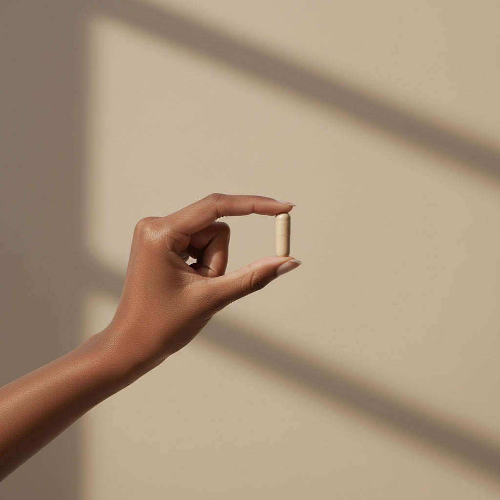 A neutral‑toned hand gently pinches a single beige sleep supplement capsule in front of a soft taupe background crossed by diagonal shadows.