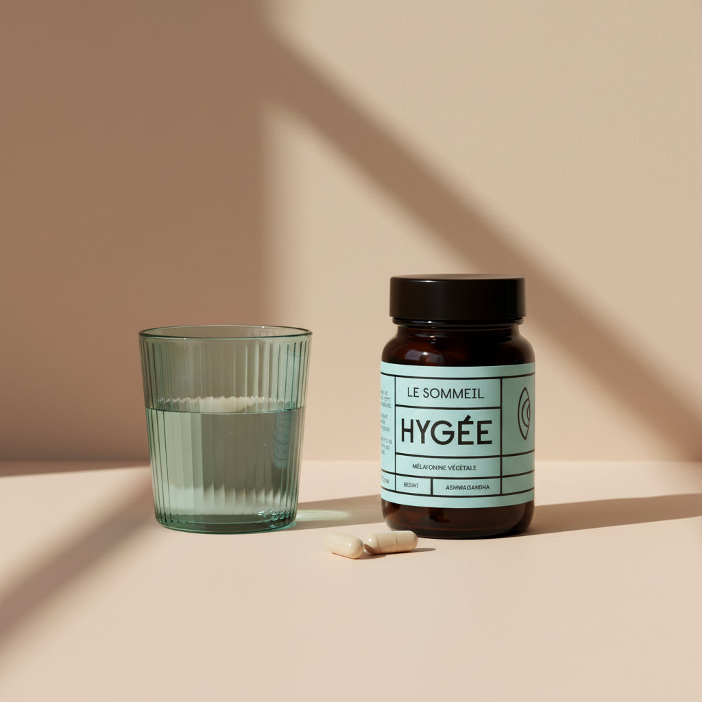 A pastel blue‑label HYGÉE Le Sommeil jar stands beside a ribbed glass of water and two beige capsules on a warm beige surface with calming evening shadows.