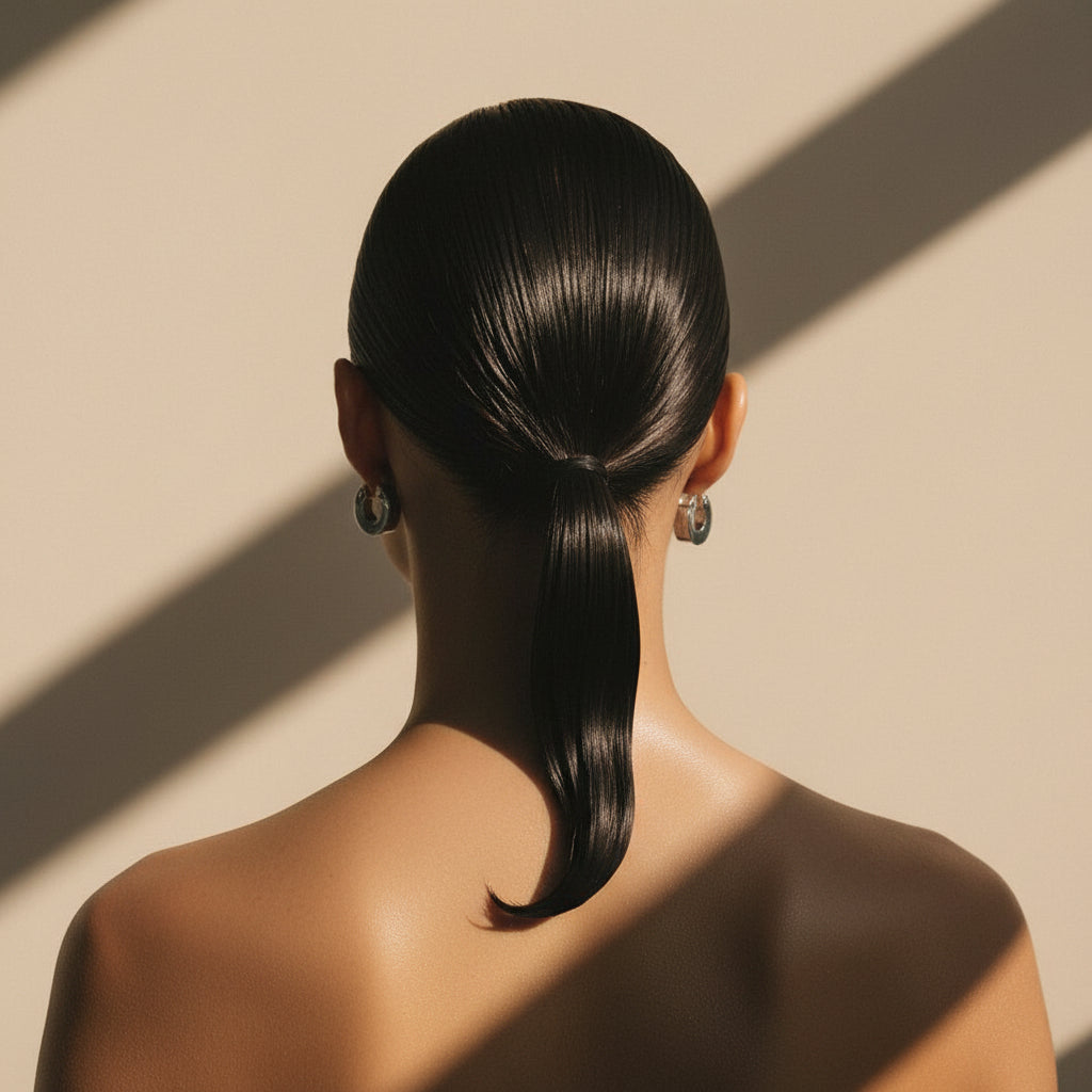 Back view of a woman with glossy, straight black hair tied in a low ponytail, wearing sculptural silver earrings, lit by warm window light that casts soft diagonal shadows on a nude wall.