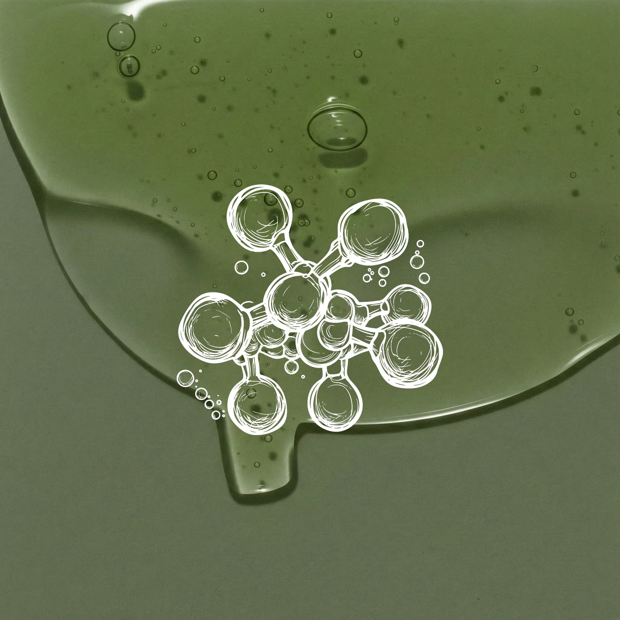 Close‑up of translucent green serum with suspended bubbles and a white hand‑drawn hyaluronic acid molecule icon, symbolising deep hydration, plumping and skin barrier support for Allnord treatments.