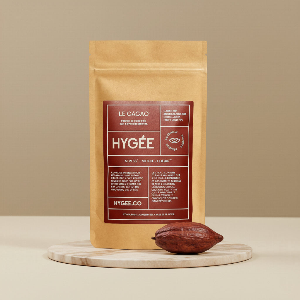 Front view of a kraft paper pouch of HYGÉE Le Cacao stress, mood and focus cacao powder standing on a round marble tray, styled with a single whole cacao pod in front against a warm beige background.