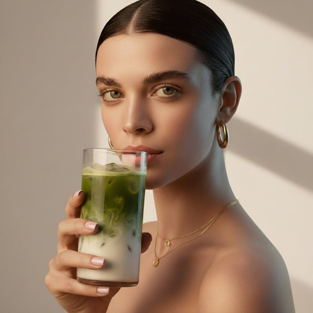Close‑up of a woman with luminous skin holding a tall iced HYGÉE Le Matcha latte in a minimalist, sunlit setting, evoking a modern beauty‑from‑within ritual for glow and healthy digestion.