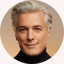 Close‑crop circular portrait of Laurent Allnord, silver‑haired founder and curator of Allnord, wearing a black turtleneck against a warm beige gradient background, conveying refined French luxury and trust.