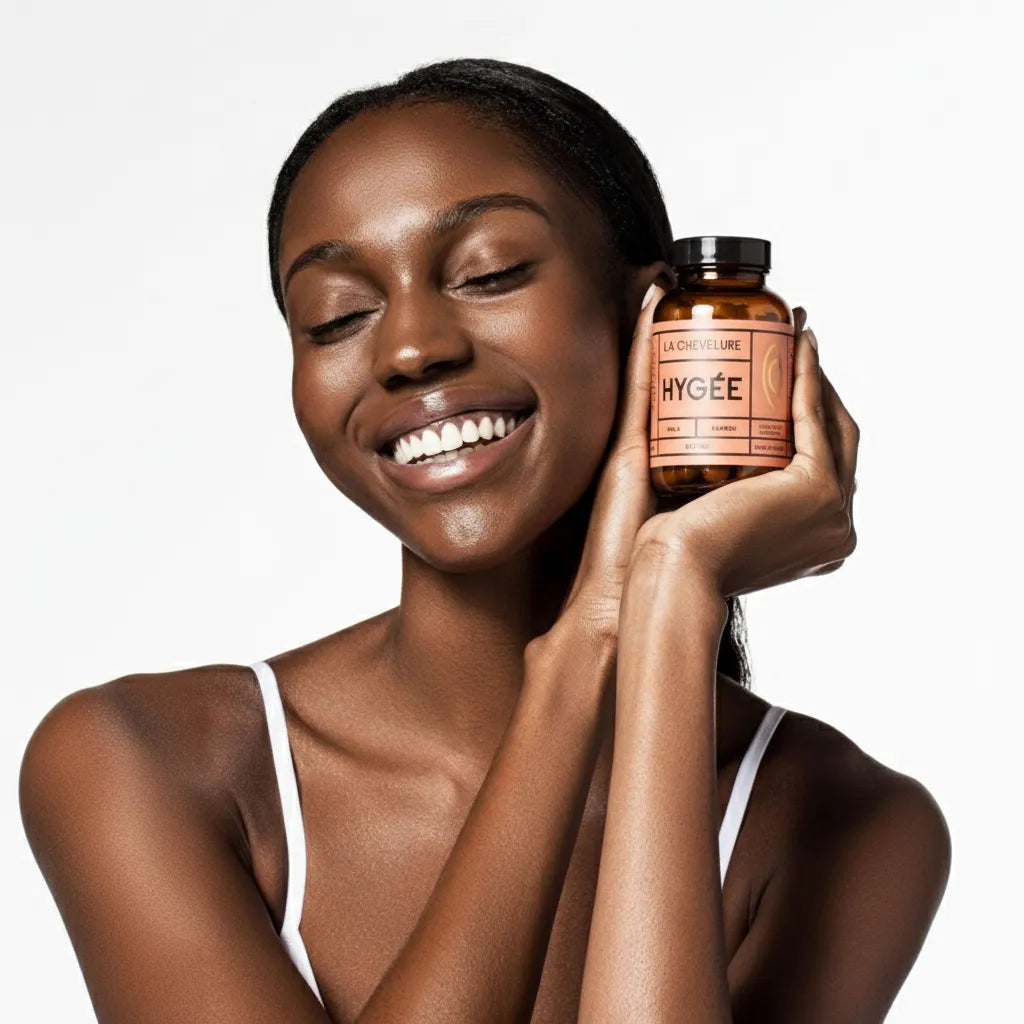 A radiant woman with beautiful skin smiles with her eyes closed, holding the Hygée La Chevelure supplement bottle to her cheek, embodying a sense of inner peace and satisfaction from her daily wellness ritual.