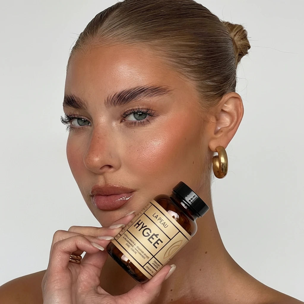 Model holding HYGÉE La Peau French skincare supplement bottle, dewy glow, clean studio beauty portrait