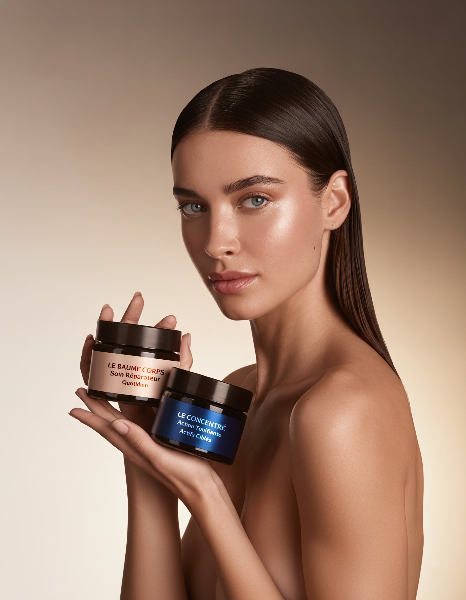 Close‑up of a woman with luminous, natural makeup and sleek dark hair holding two Allnord body care jars, Le Baume Corps and Le Concentré, against a warm beige gradient background.​
