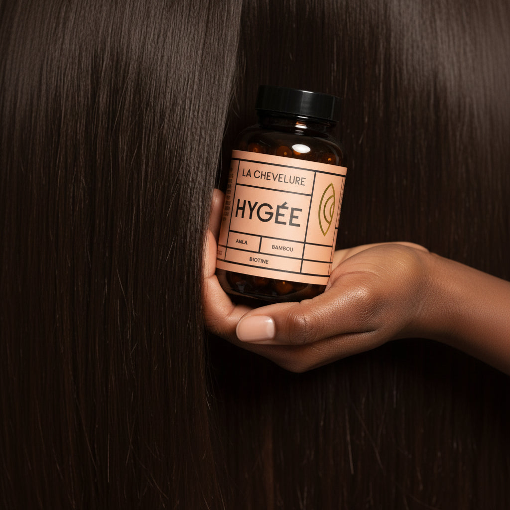 A hand with smooth skin holds an amber glass HYGÉE La Chevelure bottle with a peach label against silky dark brown hair flowing across a deep wood surface. An intimate beauty moment with rich textures and warm directional light.​