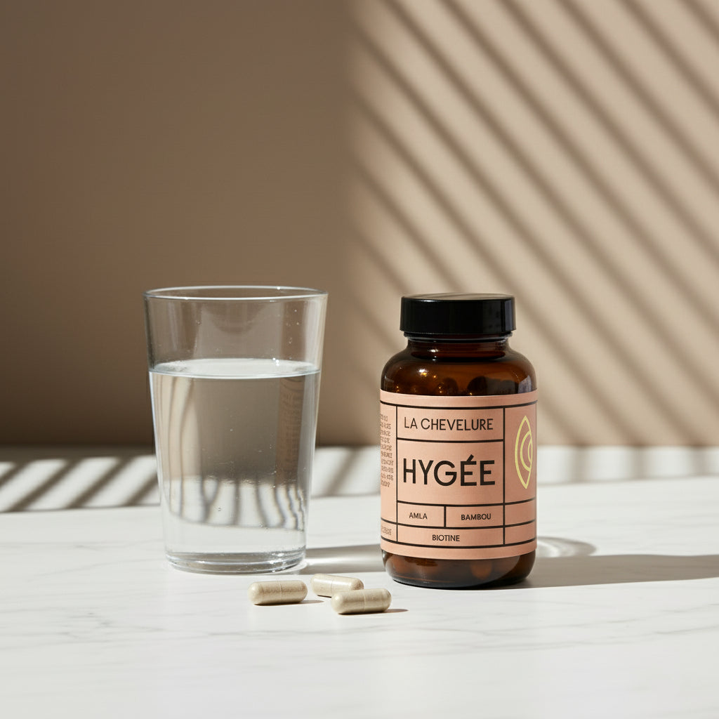 An amber glass HYGÉE La Chevelure bottle stands beside a clear glass of water and three ivory capsules on a white marble surface under diagonal striped shadows. A fresh usage scene with clean lines and warm neutral palette.​