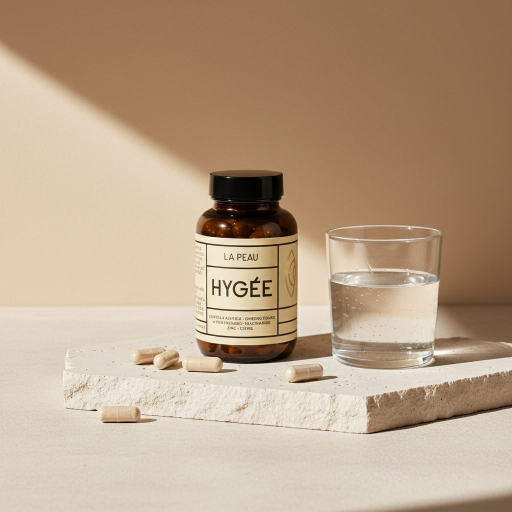 Allnord’s HYGÉE La Peau bottle sits on a textured stone slab beside a clear glass of water and scattered capsules, lit by a diagonal beam. A serene morning‑routine still life in warm neutrals and clean lines.
