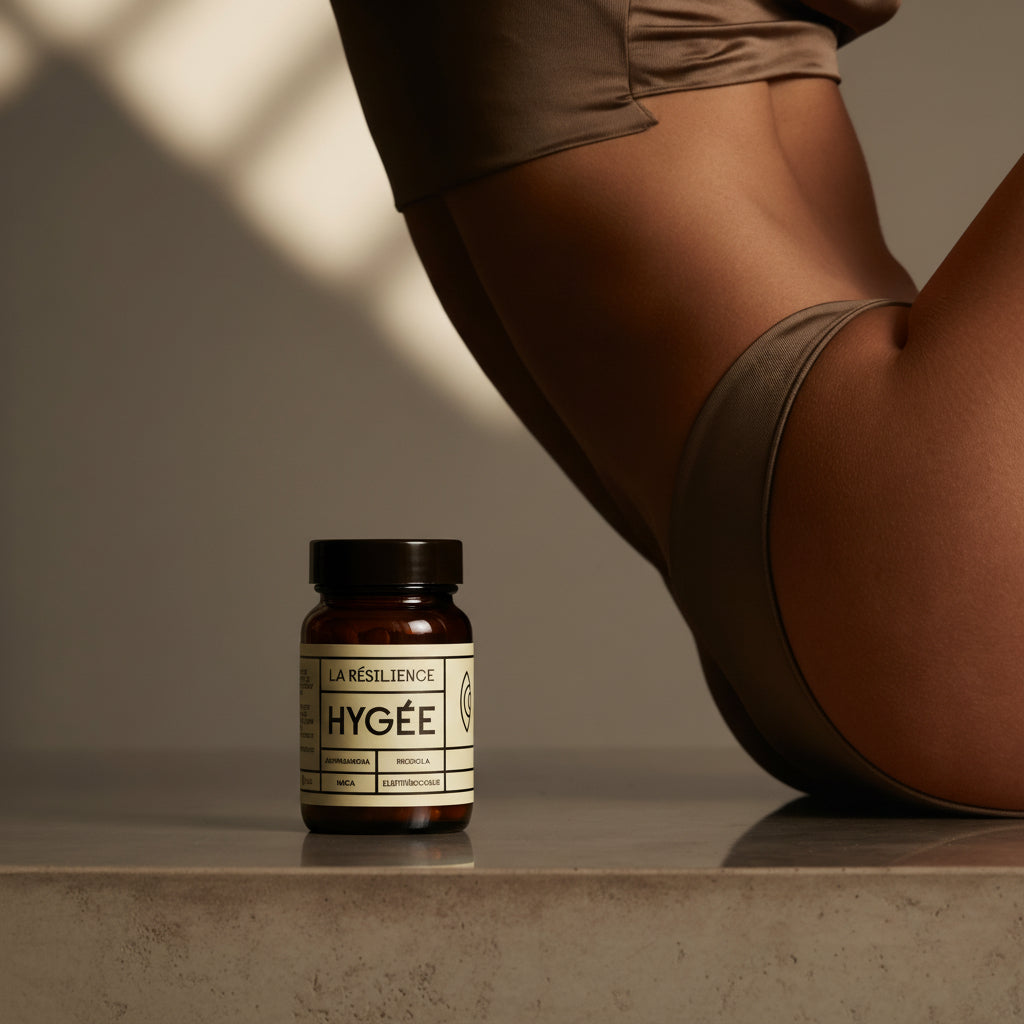 An amber HYGÉE La Résilience bottle stands on a polished stone ledge while a person in taupe swimwear arches in side profile behind it under warm diagonal window shadows.​