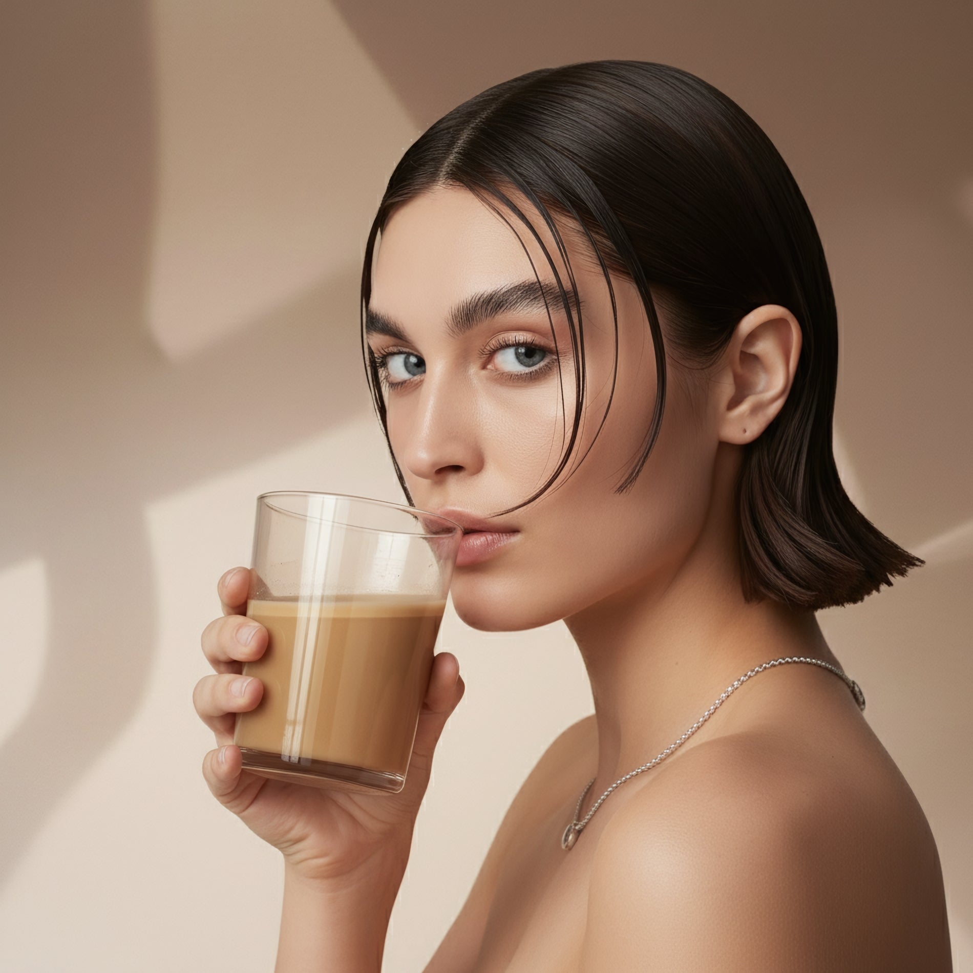 Close‑up portrait of a person sipping a creamy beige La Sérénité latte from a clear glass against a soft neutral background, styled with modern beauty lighting and clean highlights.