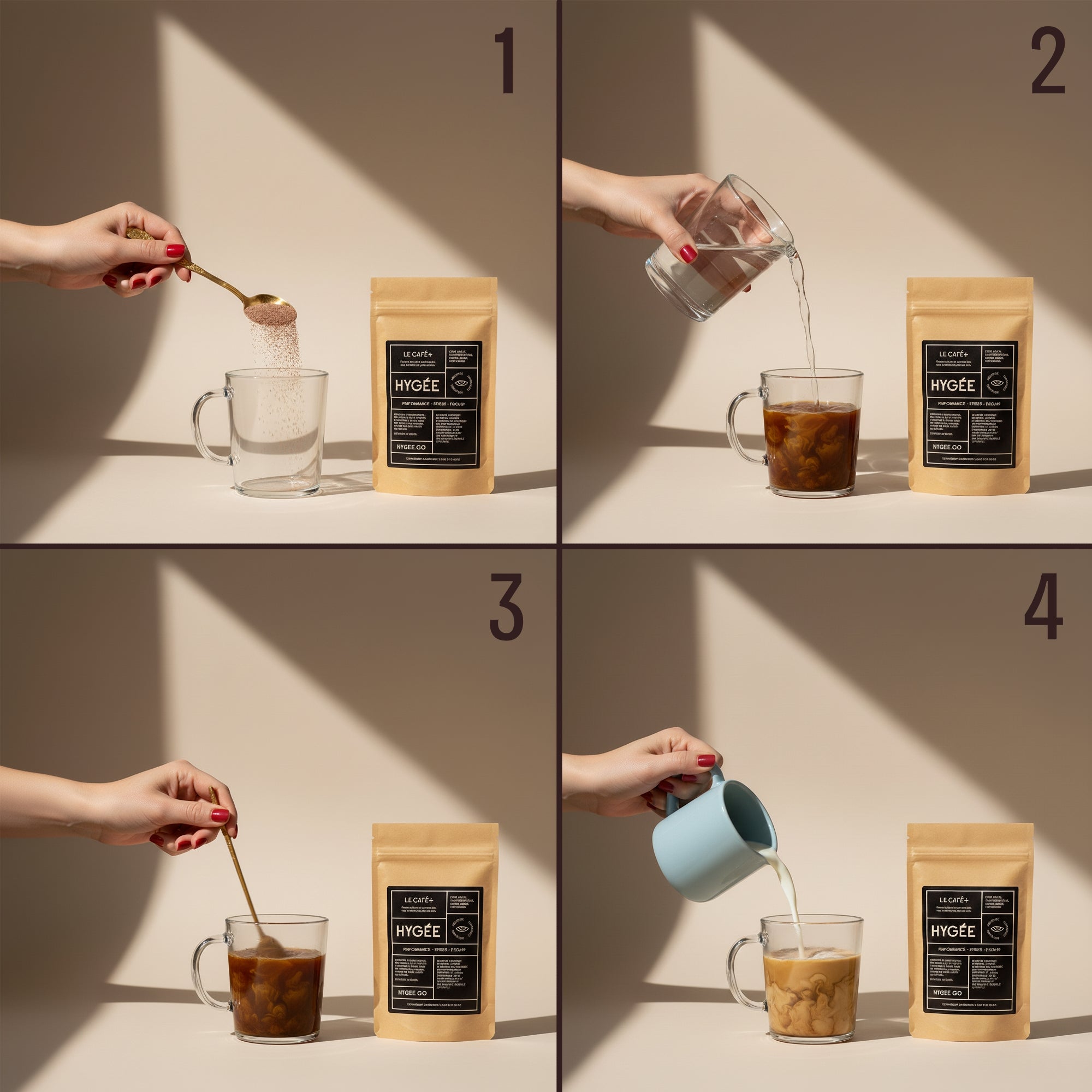 A four‑panel sequence shows spooning the powder into a glass, adding water, stirring, and finishing with milk beside the HYGÉE Le Café+ pouch, all in directional sunlight. A clear instructional visual on a warm neutral backdrop.​
