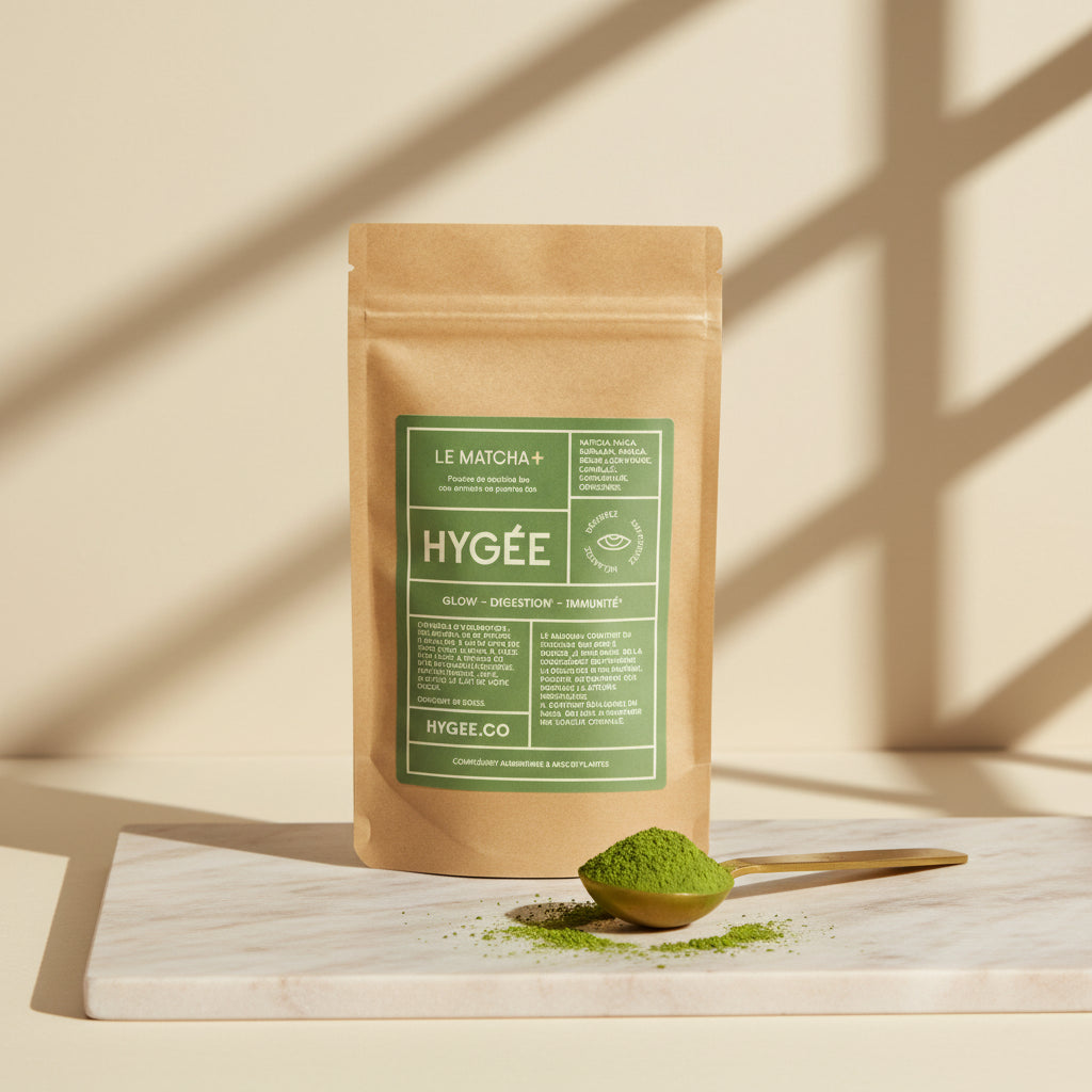A kraft HYGÉE Le Matcha+ pouch with a green label sits on a light marble board beside a gold scoop piled with bright green matcha powder, casting soft geometric shadows.