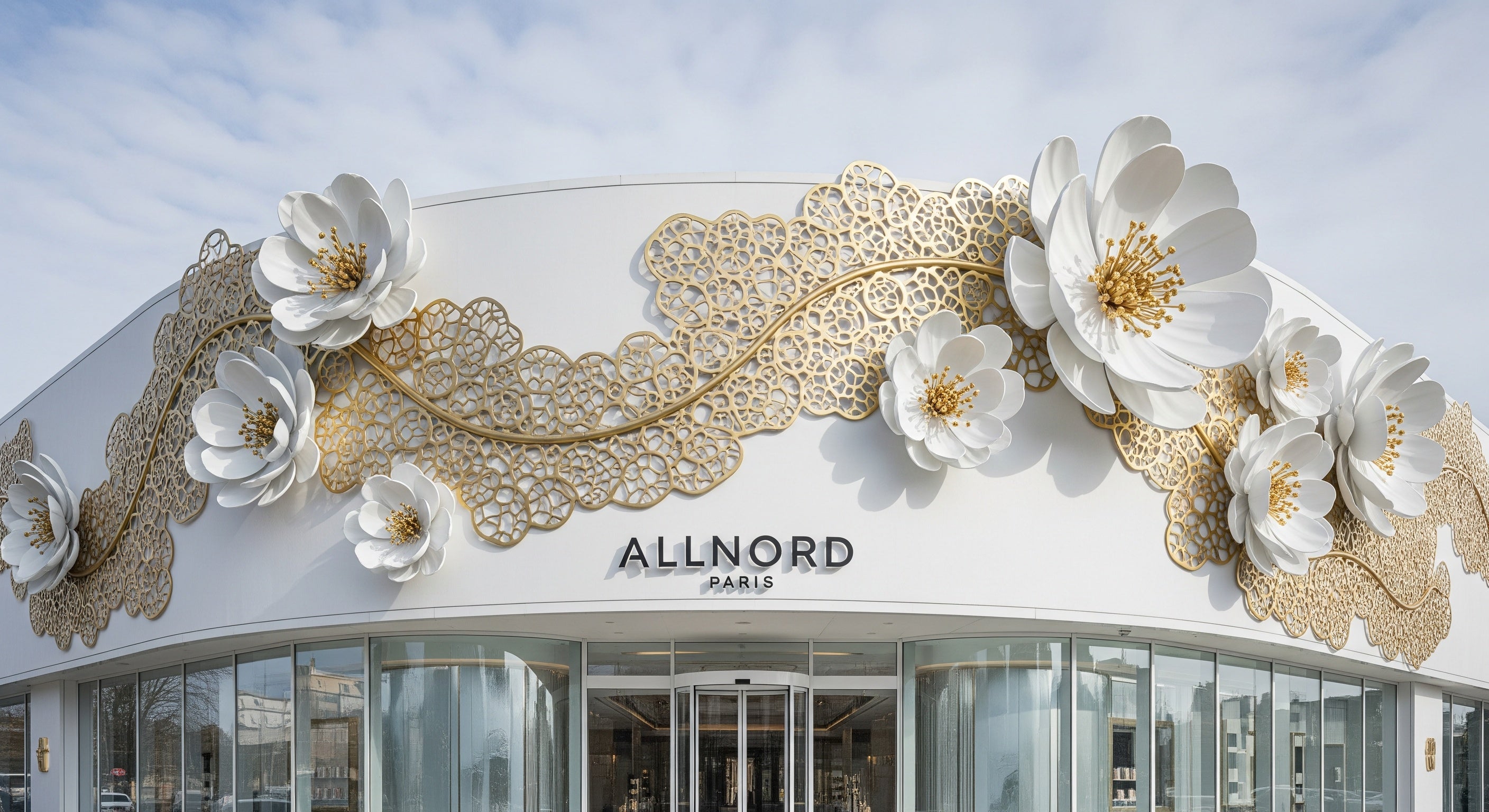 Exterior view of the Allnord Paris flagship store featuring oversized white floral sculptures and an ornate gold lace frieze across a curved white façade above the glass entrance, showcasing the brand’s luxury skincare universe.​