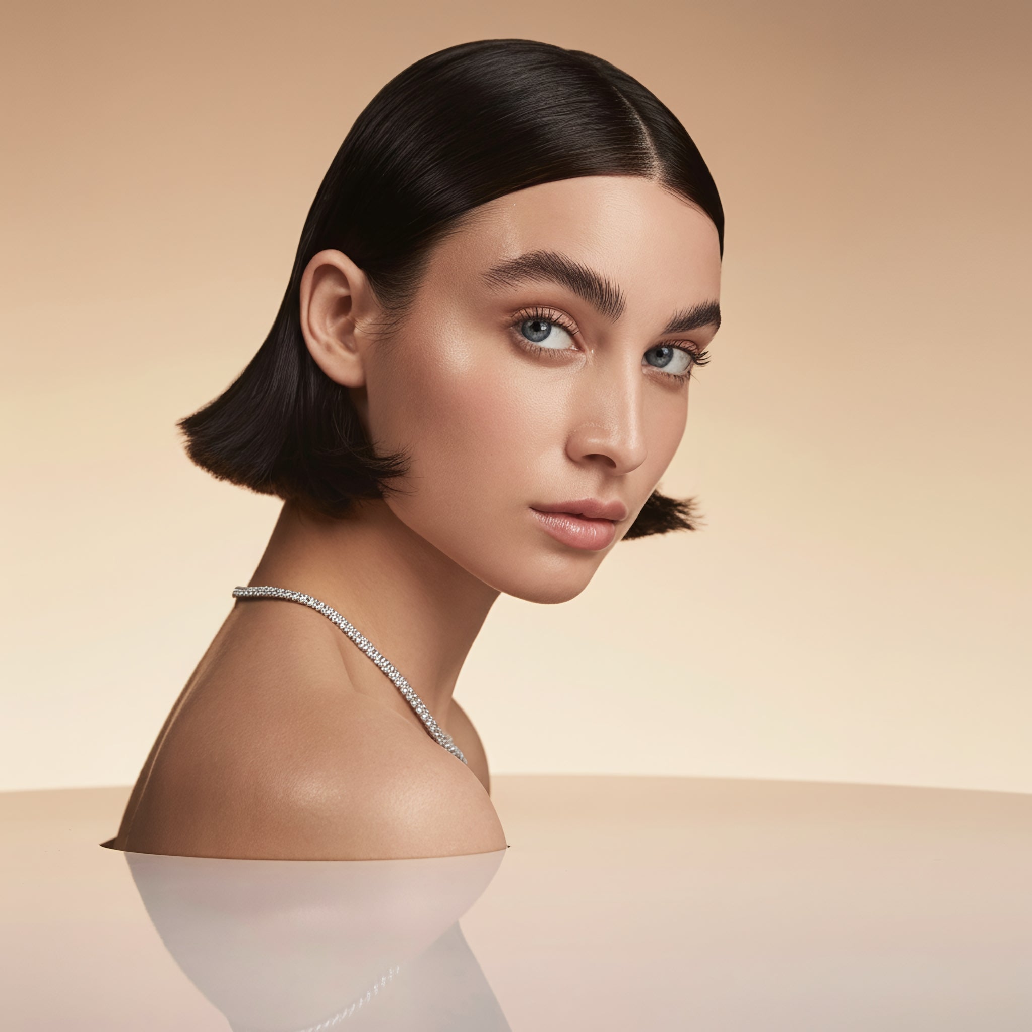 Side‑profile portrait of a young woman with luminous skin, short dark hair and a sparkling necklace, emerging from a glossy reflective surface against a smooth nude backdrop, embodying refined Scandinavian beauty.​