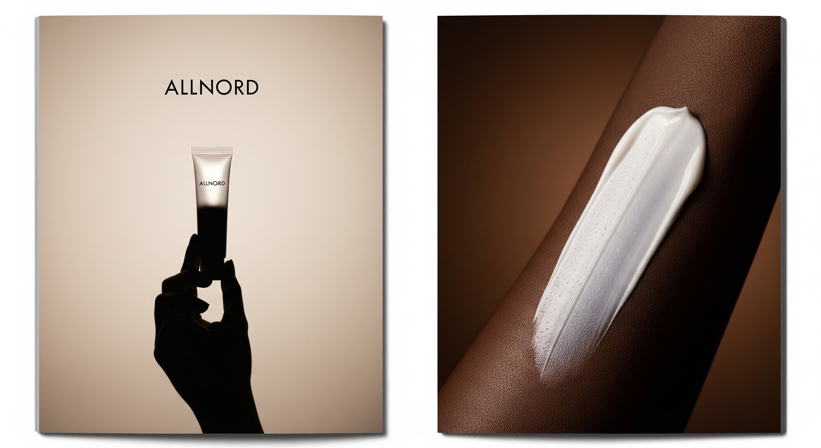 Clean campaign visual with a silhouetted hand holding an Allnord skincare tube against a warm beige background beside a detailed macro of silky white cream applied along a forearm, highlighting luminous, even skin results.