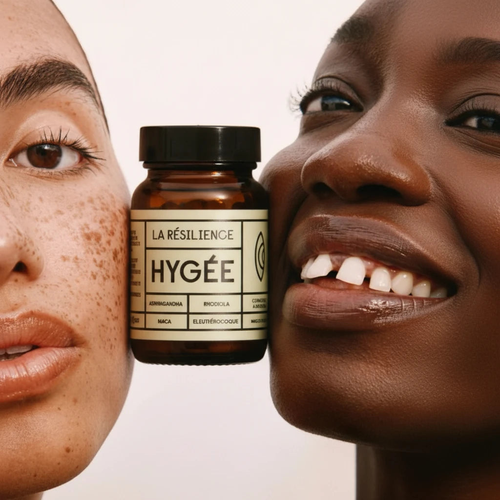 Two models framing HYGÉE La Résilience supplement bottle in center, clean studio close‑up on white background