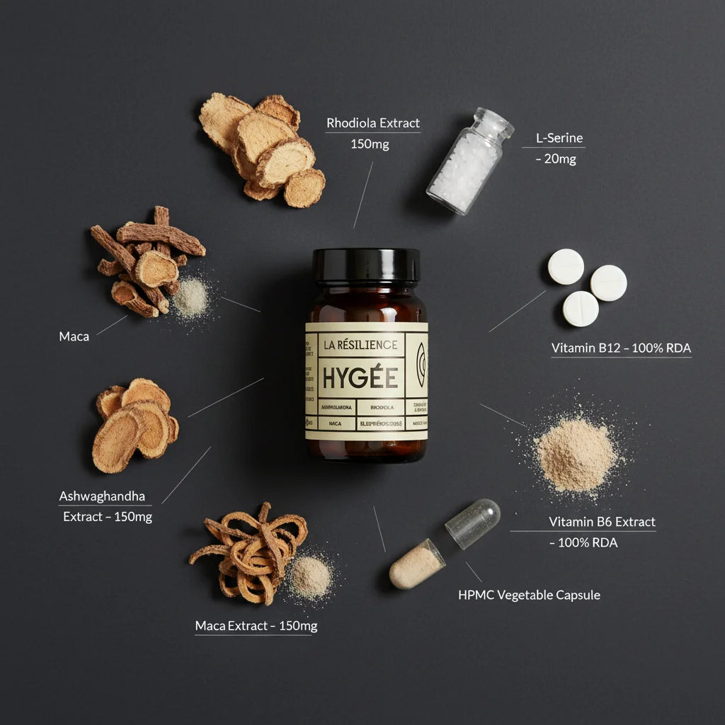 HYGÉE La Résilience bottle surrounded by ingredients including ashwagandha, rhodiola, maca, L‑serine, vitamins B6 and B12 on dark background