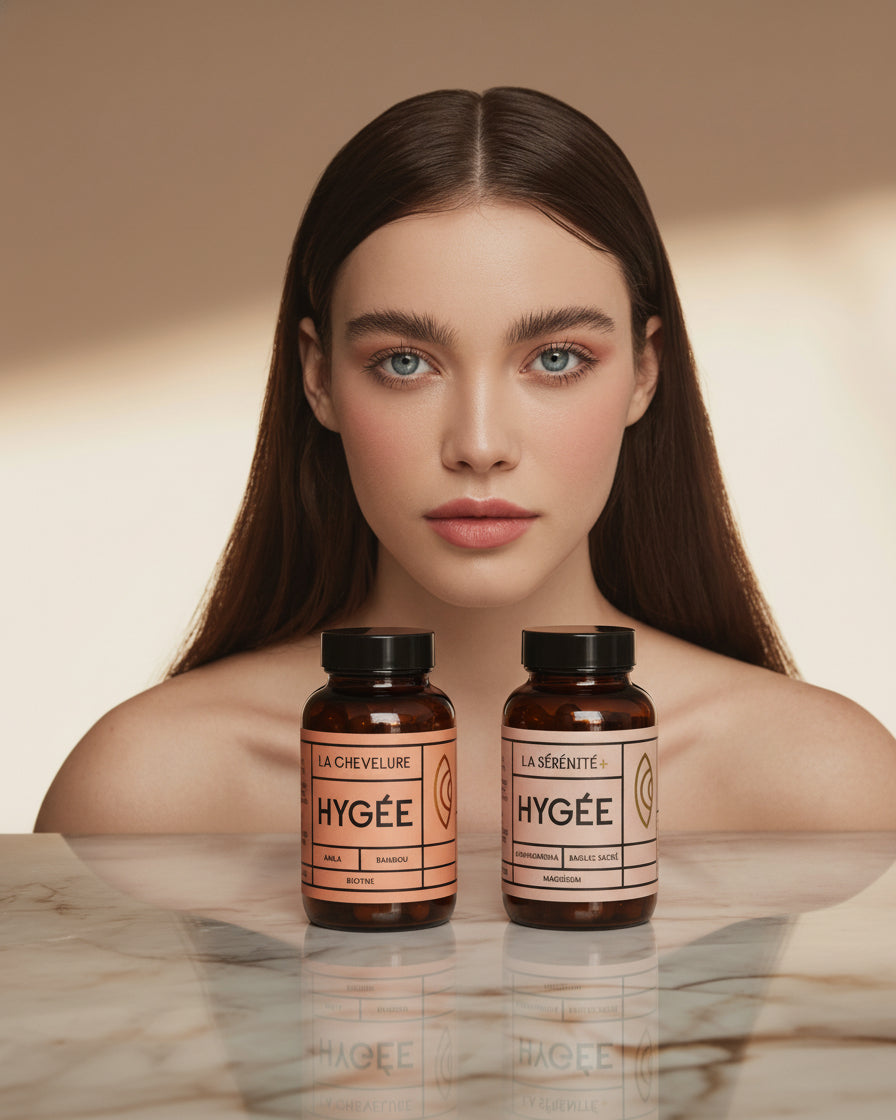 A model with long, sleek hair and luminous skin looks directly at the camera while HYGÉE La Chevelure and La Sérénité+ bottles stand side by side on a glossy marble surface in front, reflecting soft studio light​.