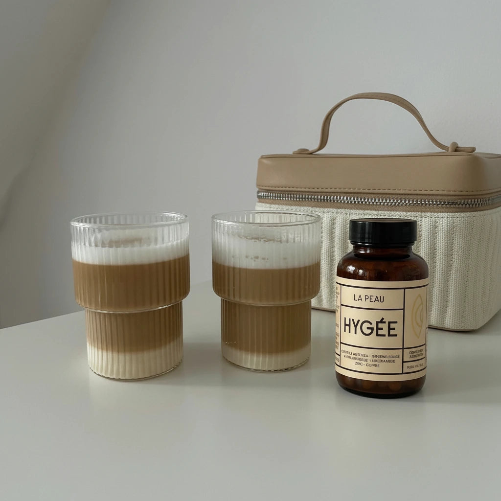 HYGÉE La Peau bottle beside two ribbed‑glass lattes and a beige travel case on a clean vanity, minimalist morning routine styling for luxury wellness brand