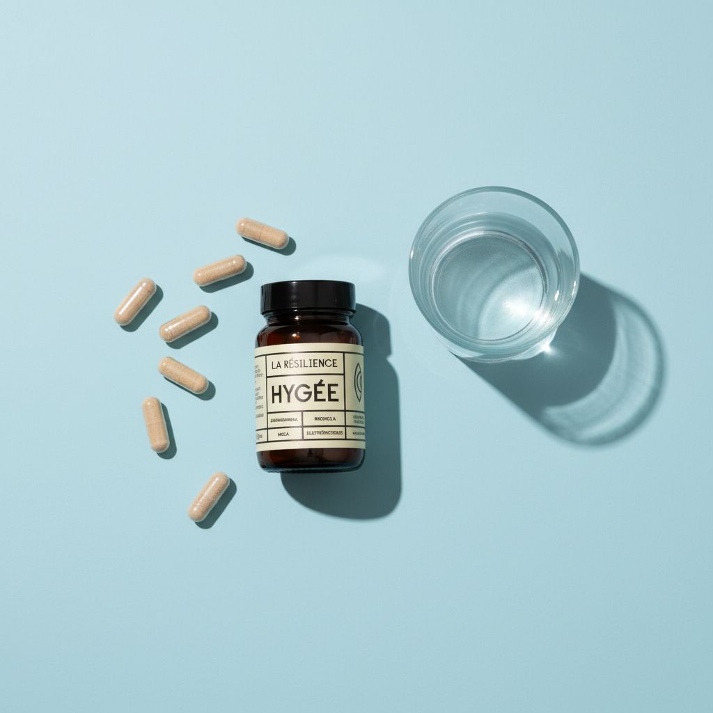 HYGÉE La Résilience supplement bottle with scattered capsules and a glass of water on light blue surface, studio flat lay