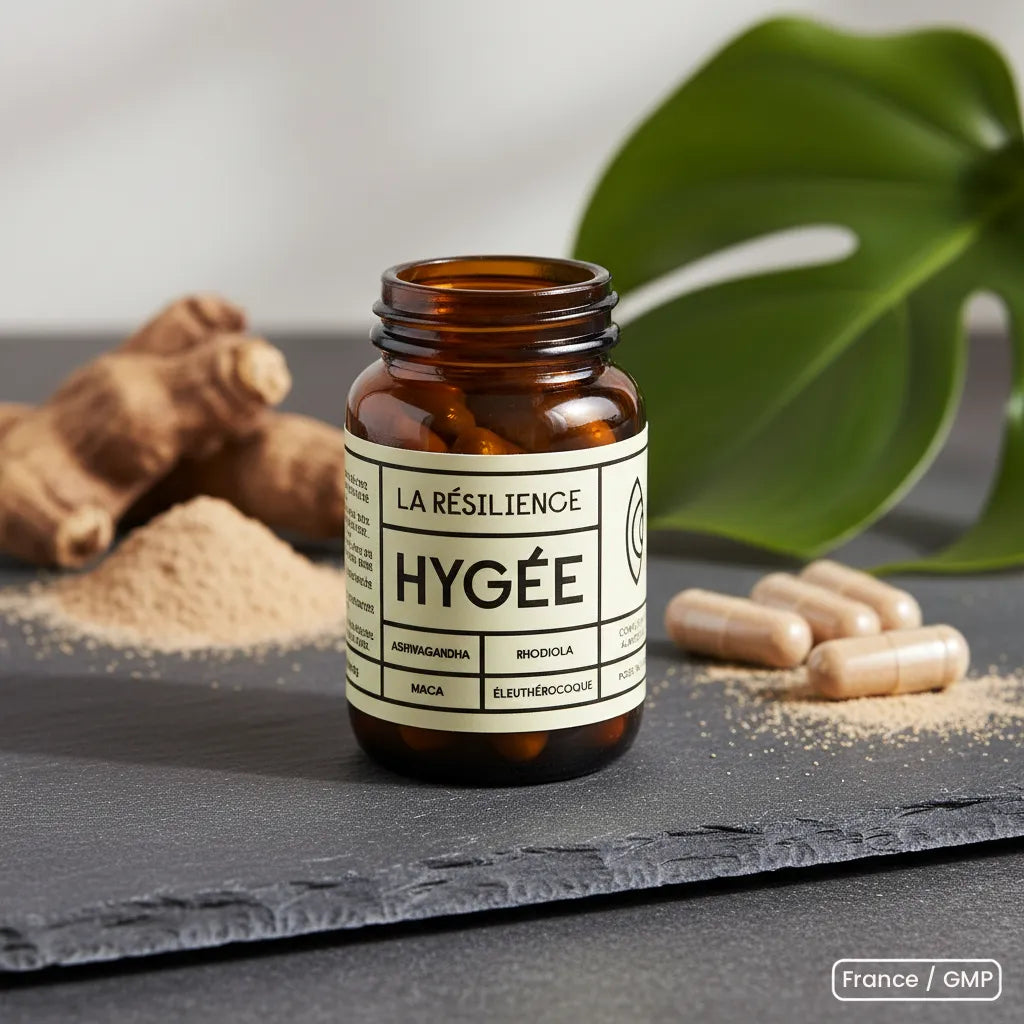 Open HYGÉE La Résilience supplement bottle on slate with beige capsules, plant leaf, and powdered botanical roots, premium French wellness product scene.