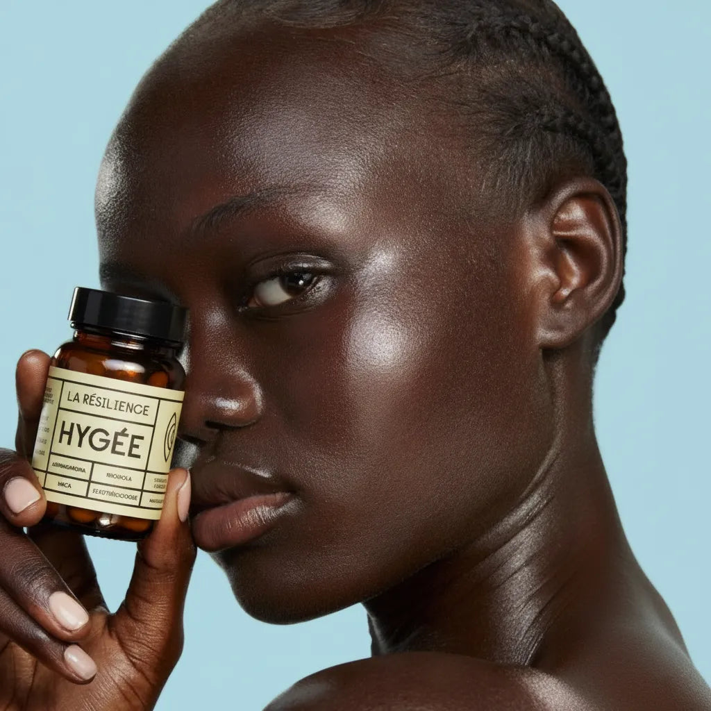 Model holding HYGÉE La Résilience supplement bottle near eye against light blue studio backdrop, luminous skin close‑up