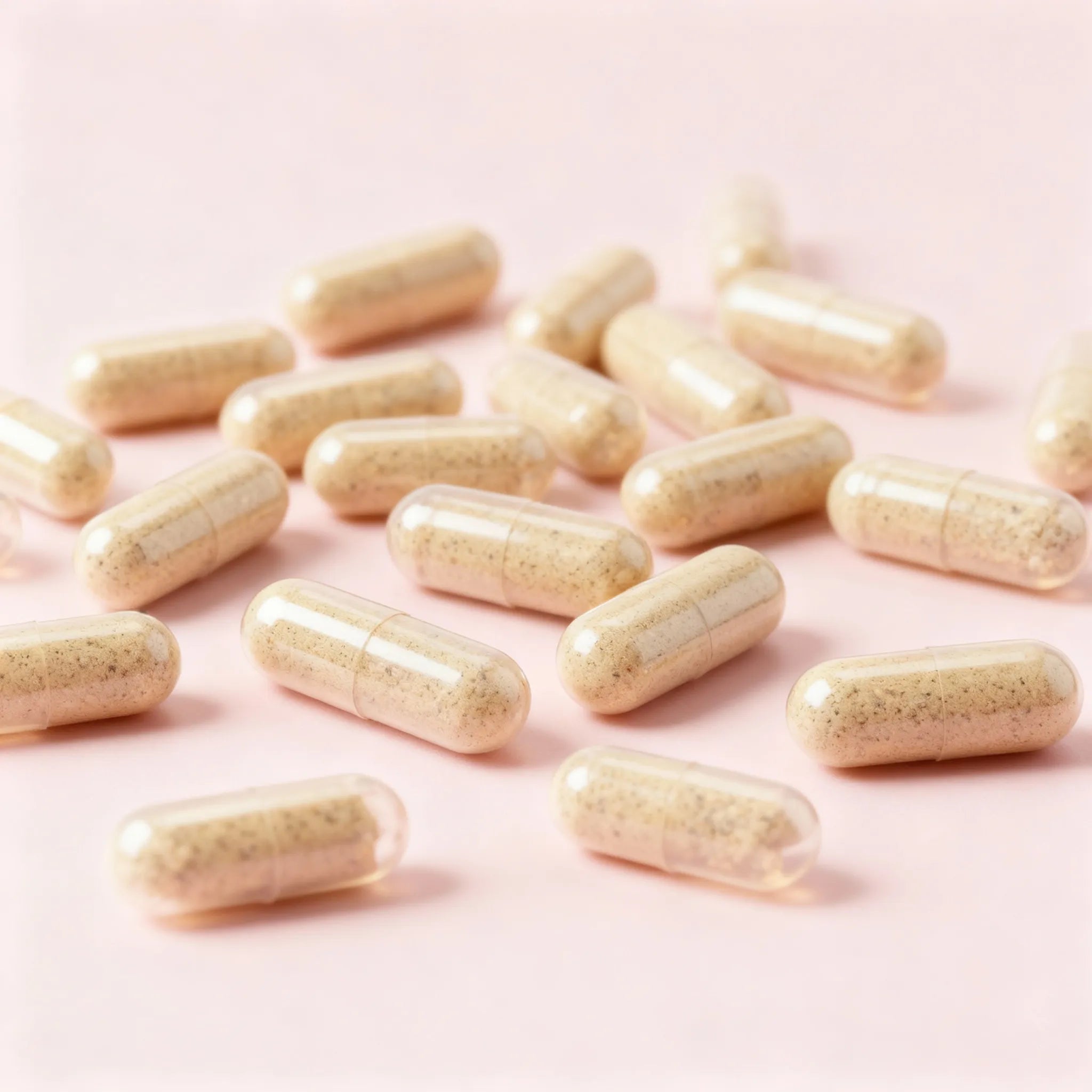 Multiple beige supplement capsules arranged on soft pink surface in studio light, close‑up product texture for HYGÉE La Sérénité+