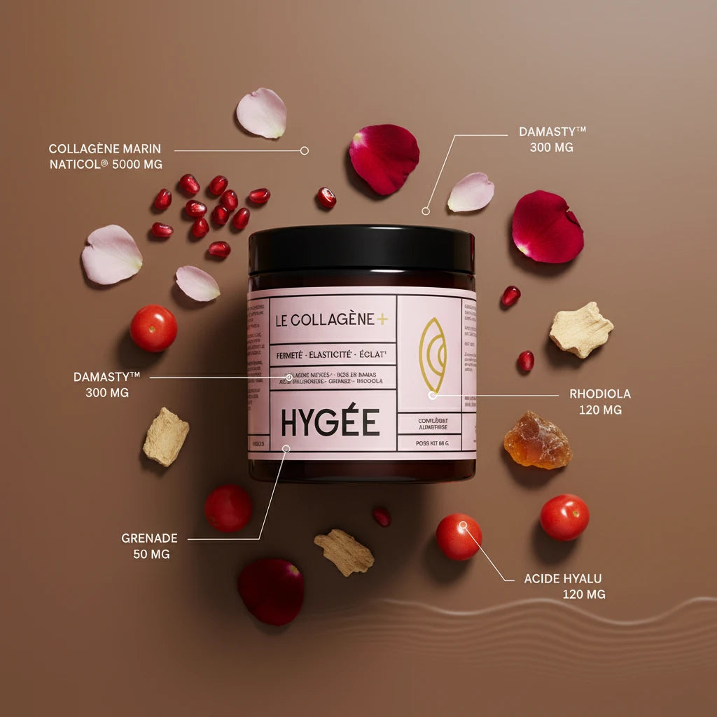 A flat lay of the key ingredients in HYGÉE Le Collagène+ including marine collagen, Damask rose, and pomegranate surrounding the product jar.
