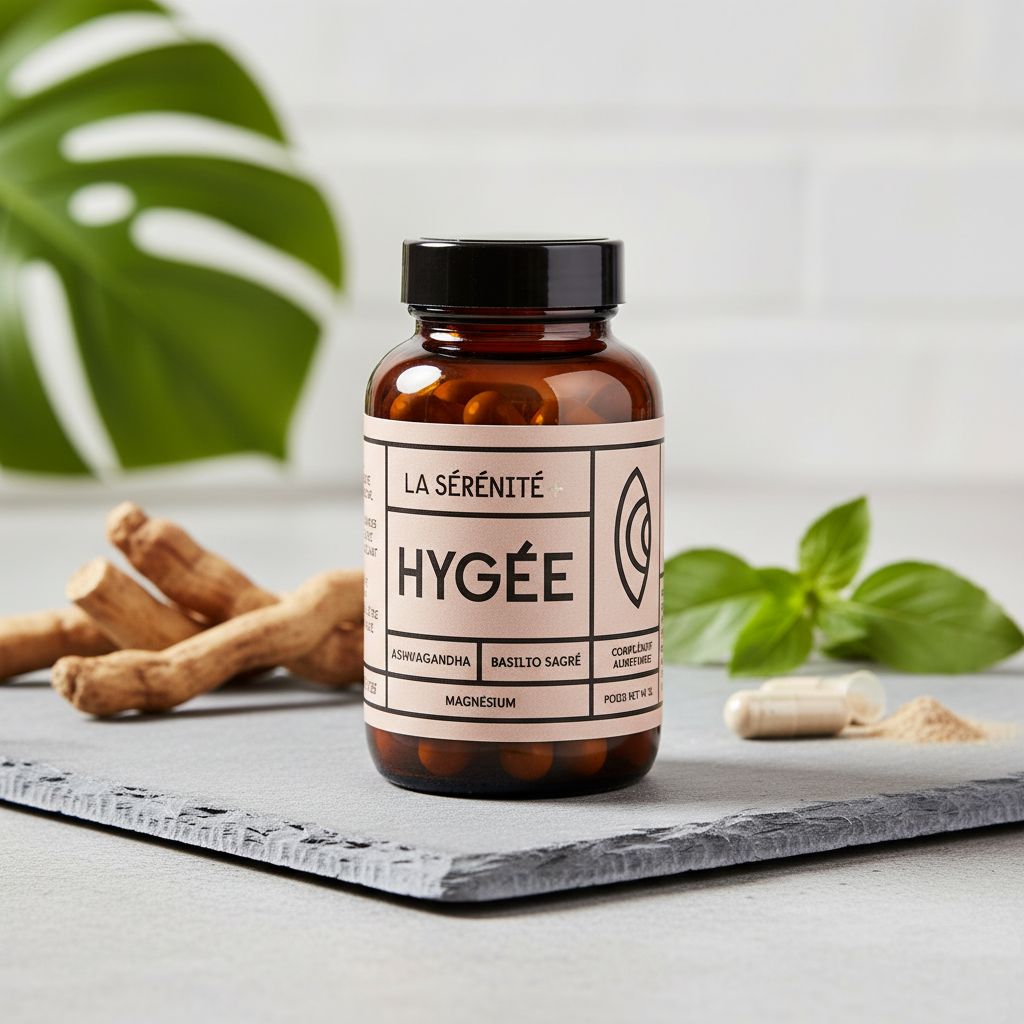 Bottle of HYGÉE La Sérénité+ supplement with Ashwagandha root and Holy Basil leaves.