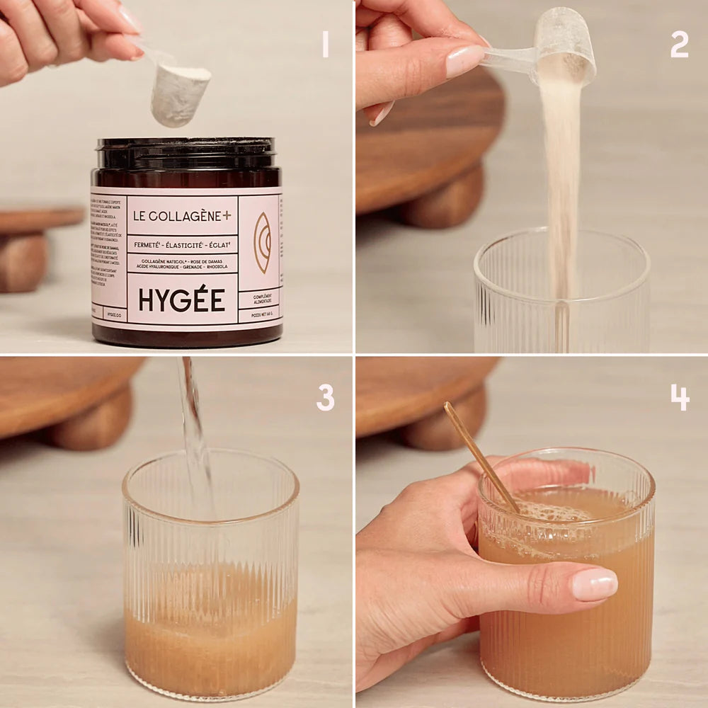 A four-panel image illustrating the preparation steps for HYGÉE Le Collagène+ supplement. The steps show scooping the powder from the jar, pouring it into a glass, adding water, and stirring the final mixture.