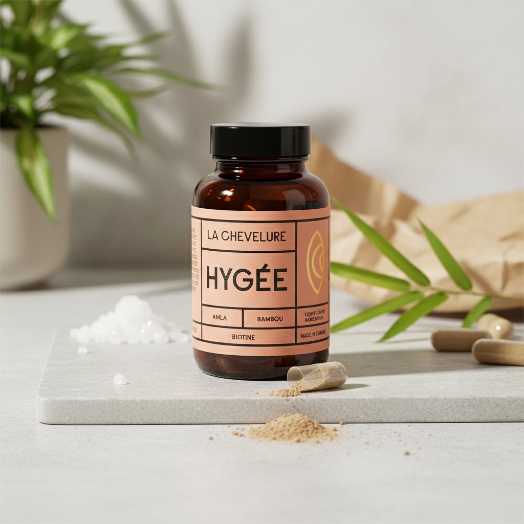 A tranquil still life composition featuring the Hygée La Chevelure bottle on a stone surface, artfully arranged with bamboo leaves, supplement powders, and capsules to evoke a sense of natural science and calm.
