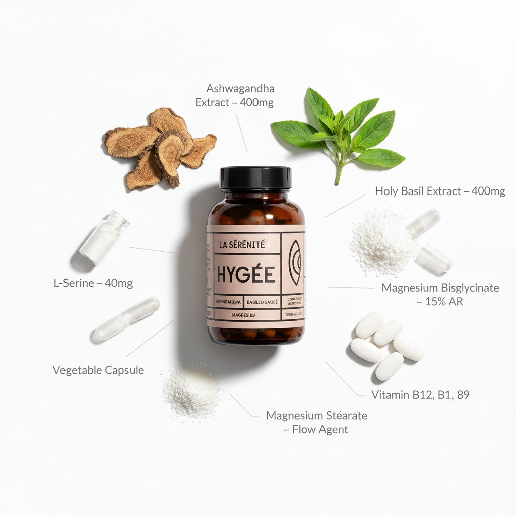 Key ingredients of HYGÉE La Sérénité+ including Ashwagandha, Holy Basil, and Magnesium Bisglycinate.