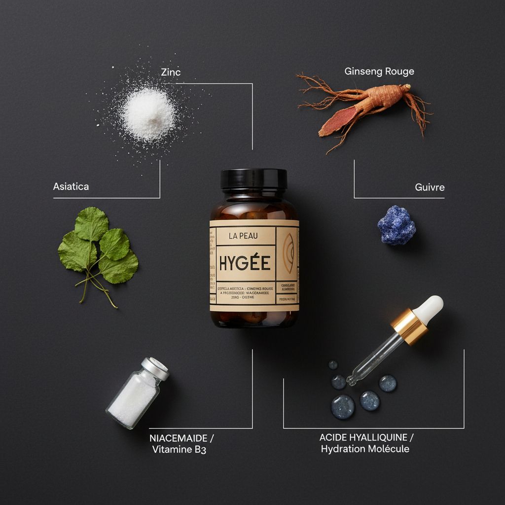 Key ingredients of HYGÉE La Peau: Centella Asiatica, Ginseng, Zinc, and Hyaluronic Acid.