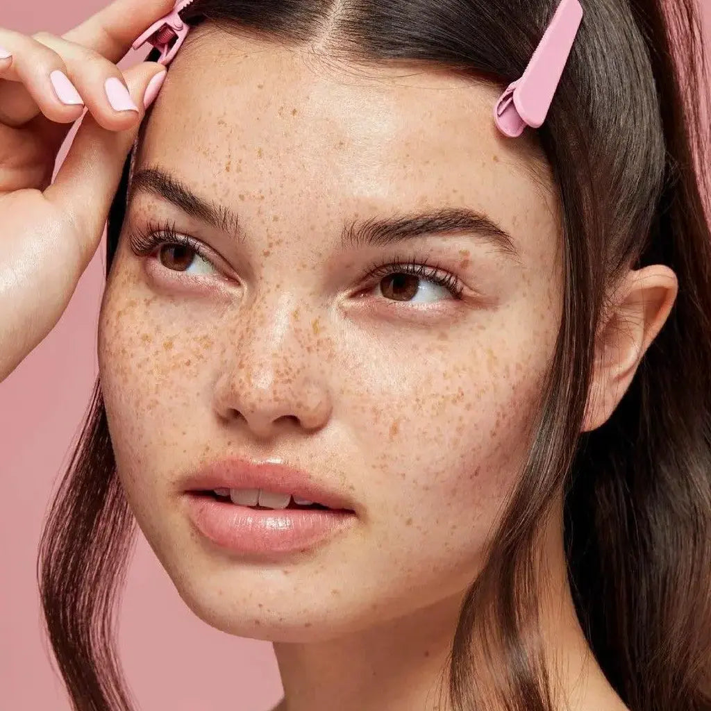 Close‑up freckled model adjusting pink hair clip on pastel background, clean beauty skincare portrait