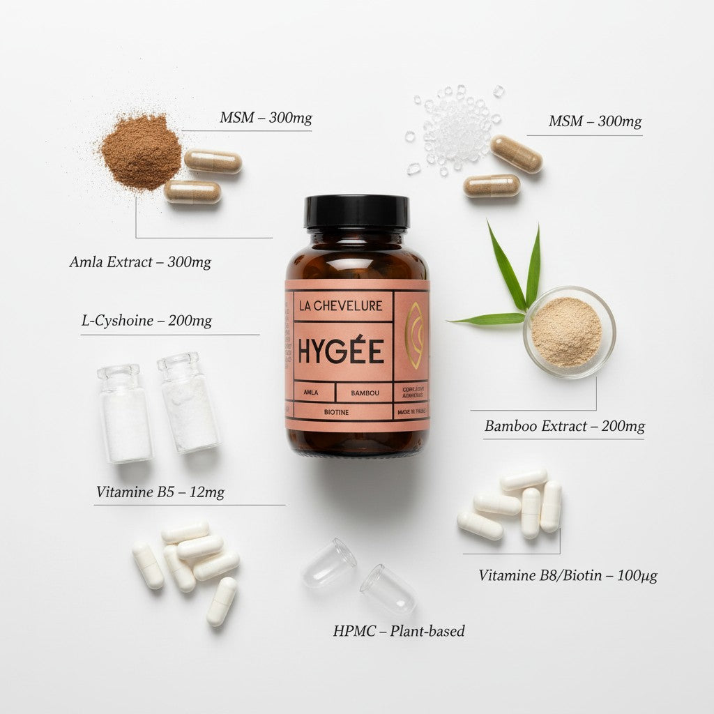 An artful deconstruction of the Hygée La Chevelure formula, showing the central bottle surrounded by its core ingredients: Amla powder, Bamboo extract, MSM, L-Cystine, Vitamin B5, and Biotin, each clearly labeled with its dosage.